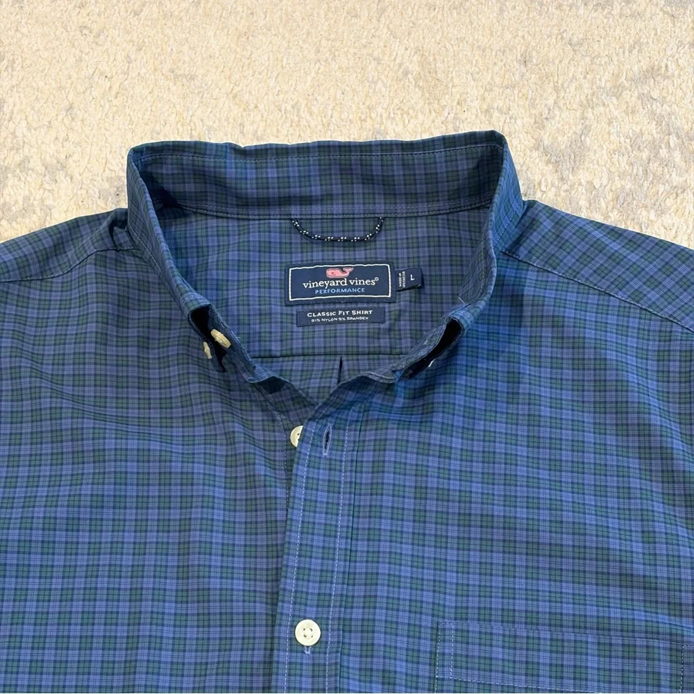 Vineyard Vines Performance Classic Fit Blue Green Plaid Shirt L Button Down - Picture 5 of 7